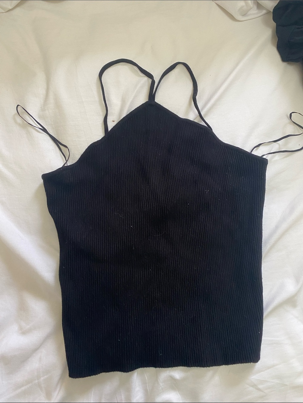 Black Ribbed Spaghetti Strap Tank Top - Women